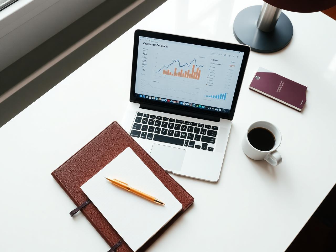 Premium bookkeeping workspace with laptop showing financial dashboard